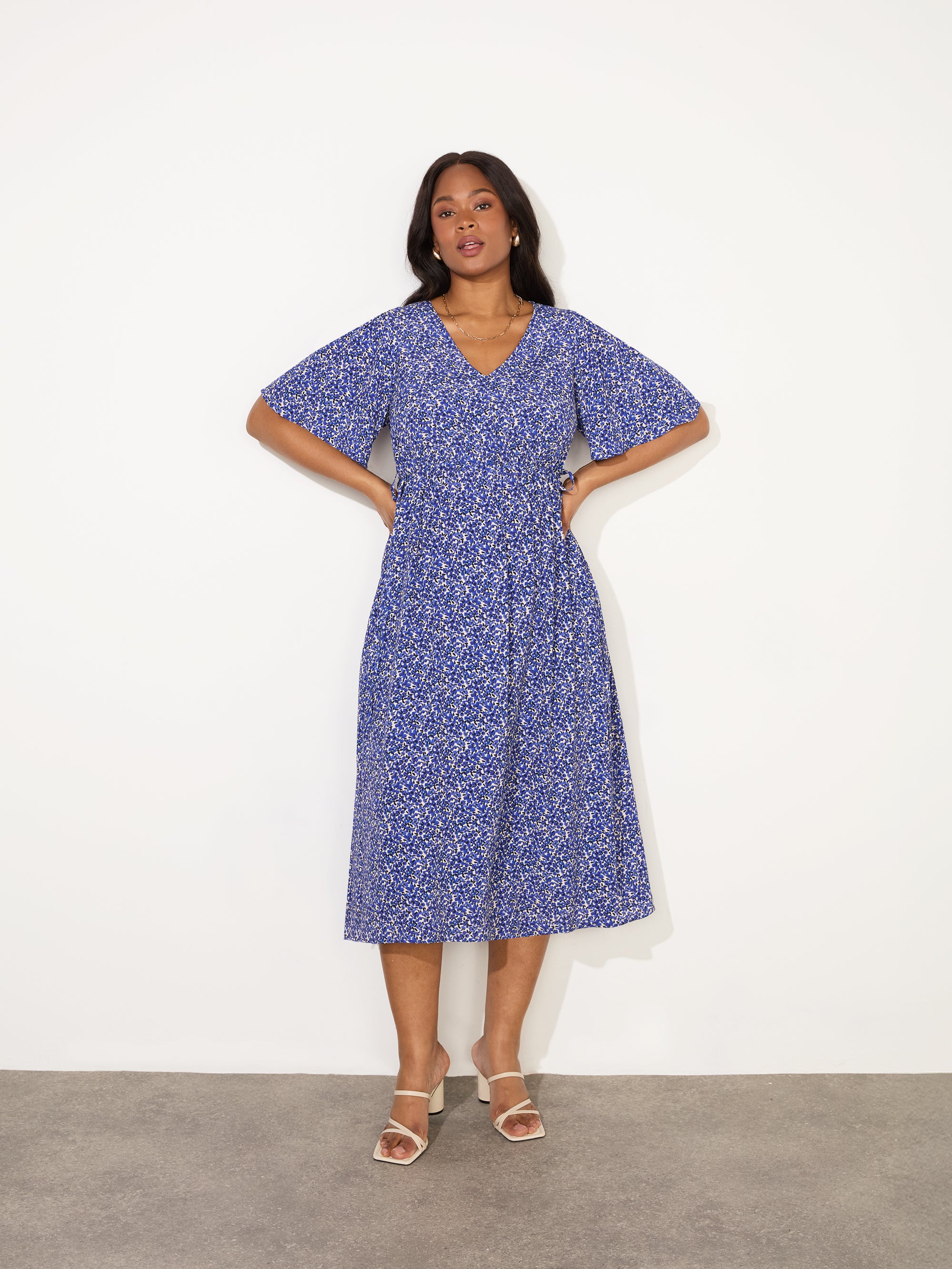 Blue Ditsy Angel Sleeve Midi Dress