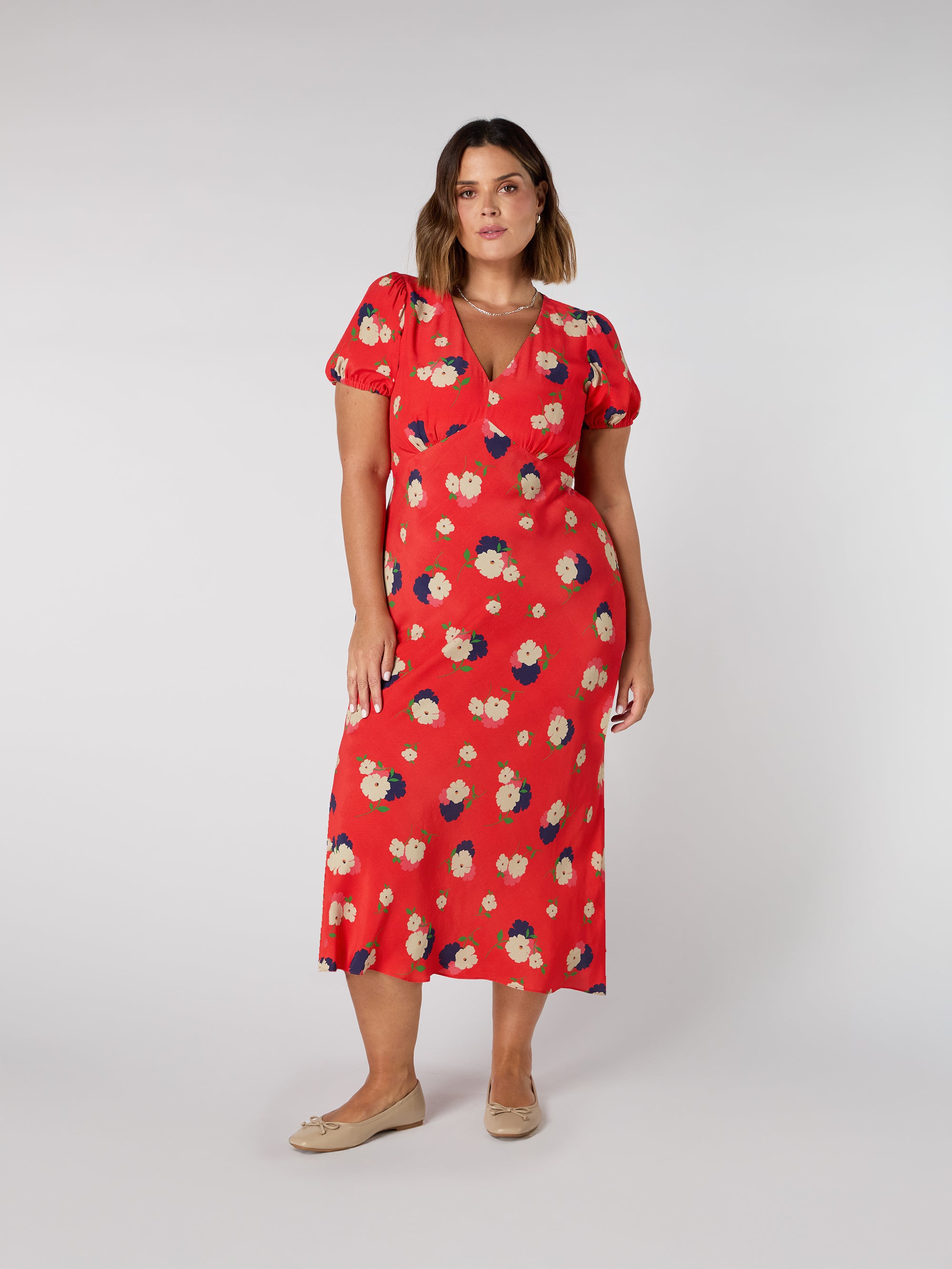 Red Floral Puff Sleeve Midi Dress