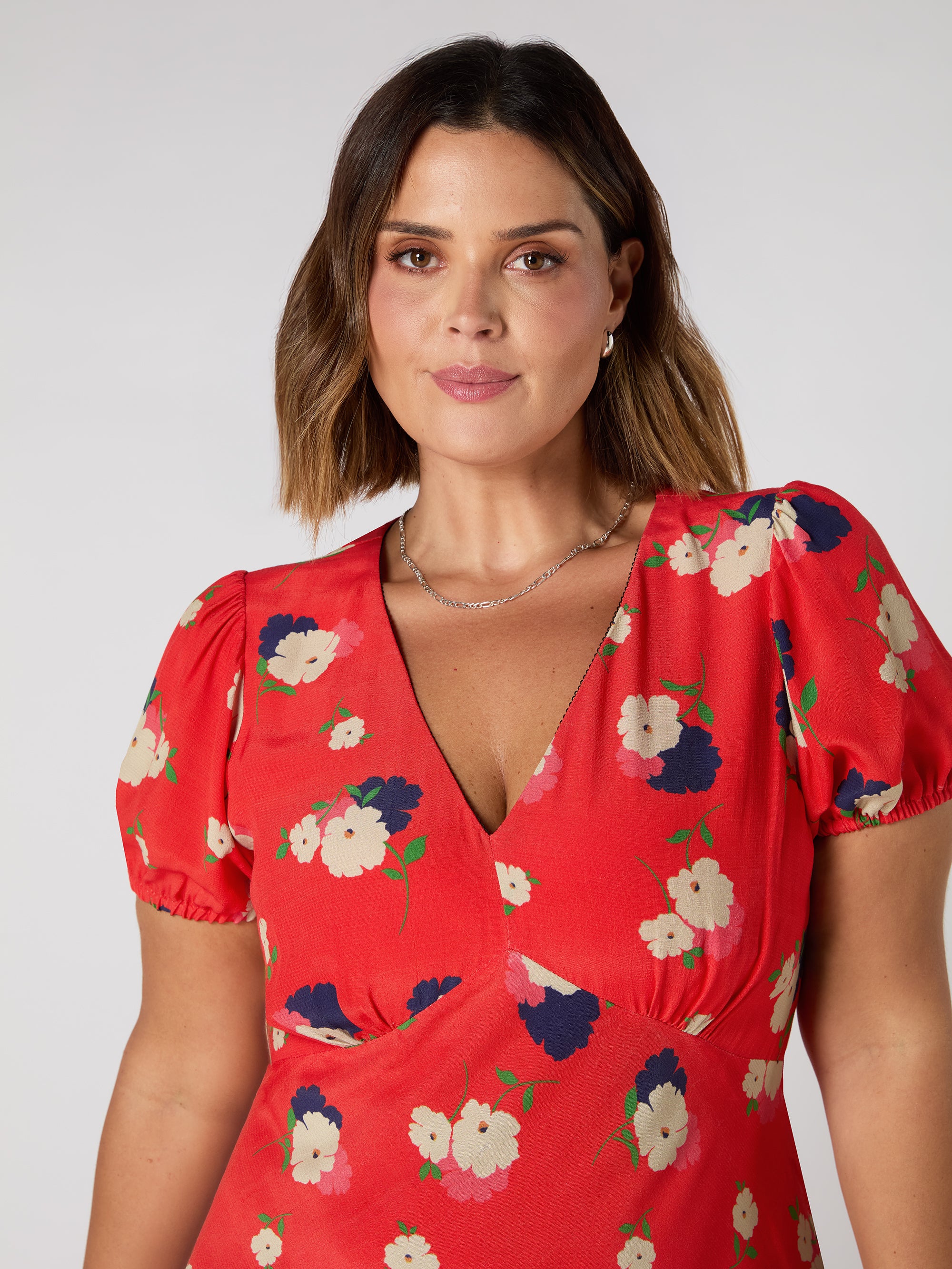 Red Floral Puff Sleeve Midi Dress