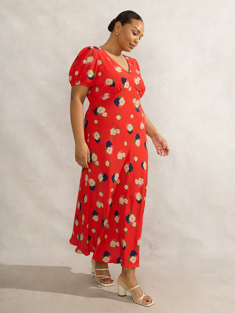 Red Floral Puff Sleeve Midi Dress