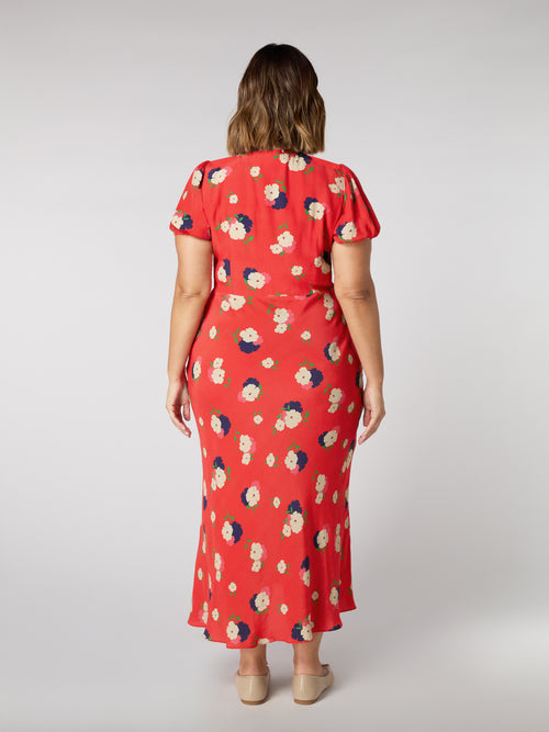 Red Floral Puff Sleeve Midi Dress