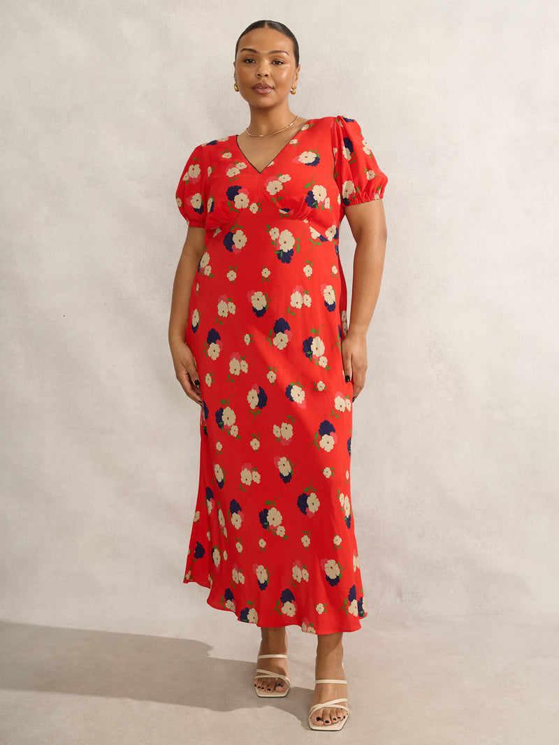 Red Floral Puff Sleeve Midi Dress