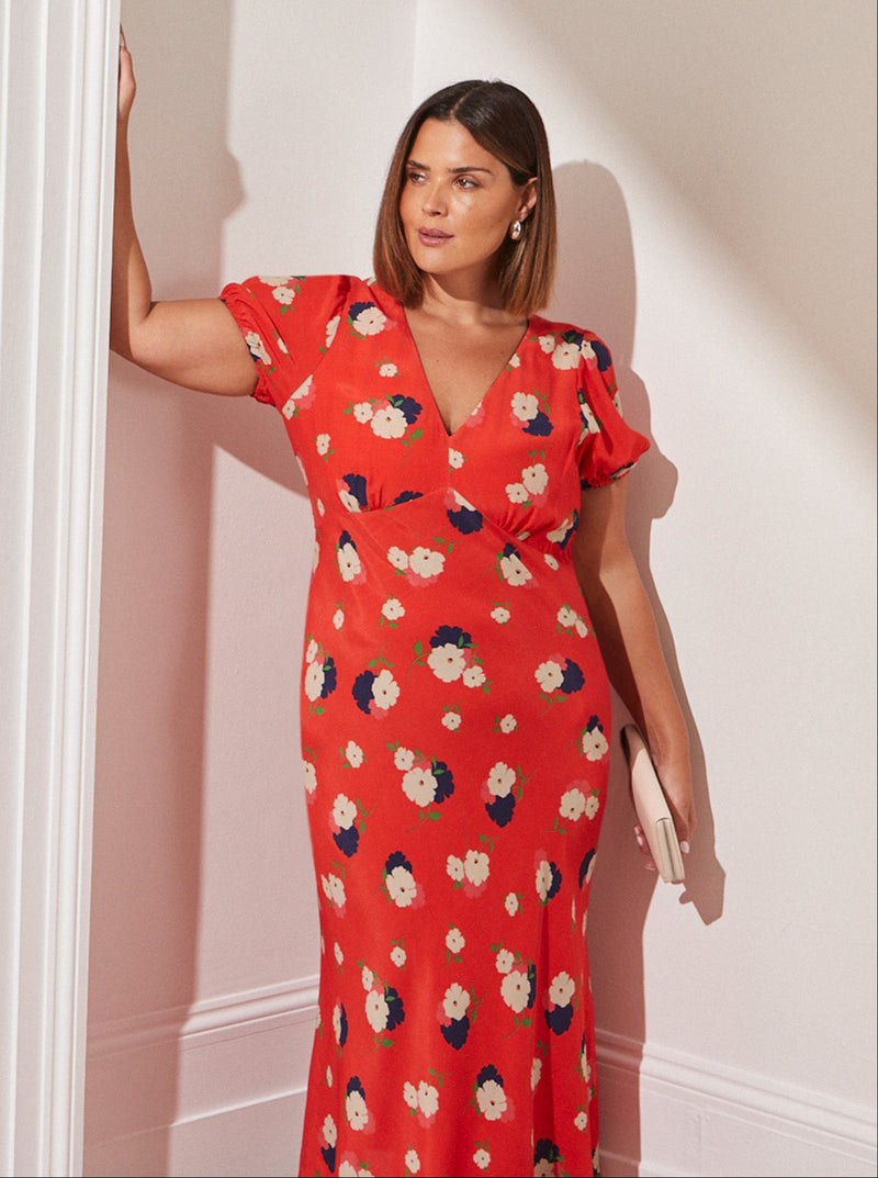 Red Floral Puff Sleeve Midi Dress