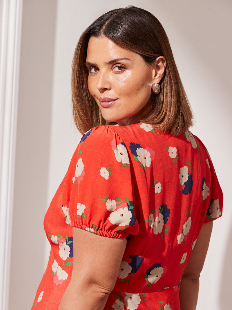 Red Floral Puff Sleeve Midi Dress