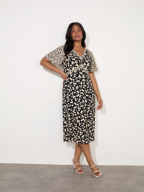 Cherry Mono Print V Neck Midaxi Dress