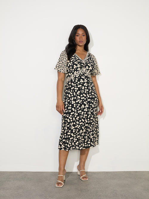 Cherry Mono Print V Neck Midaxi Dress