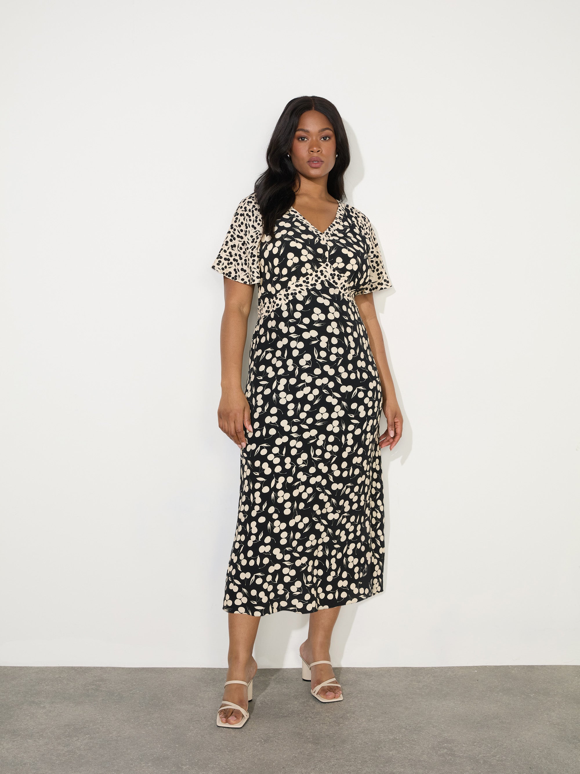 Cherry Mono Print V Neck Midaxi Dress