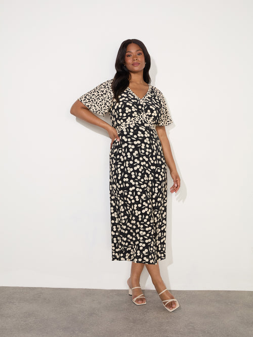 Cherry Mono Print V Neck Midaxi Dress