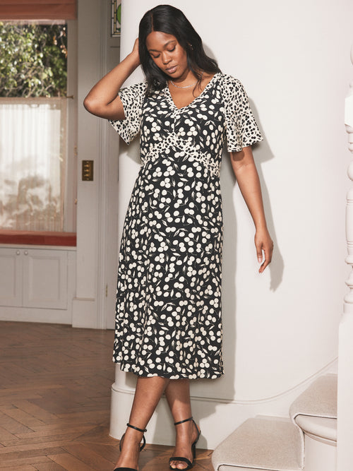 Cherry Mono Print V Neck Midaxi Dress