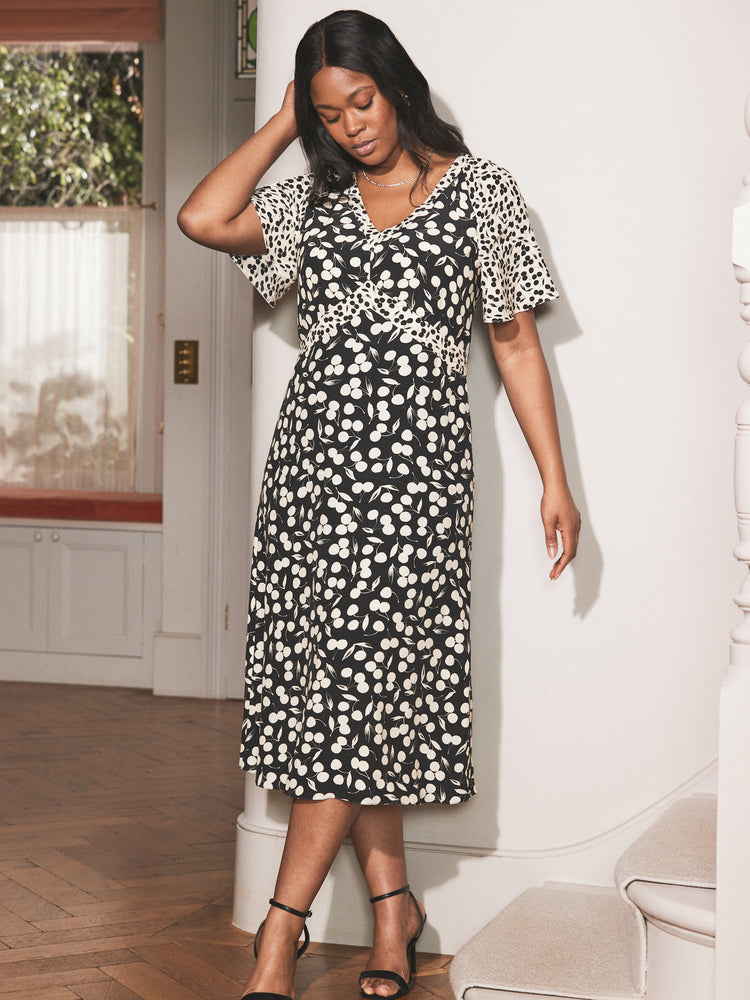 Cherry Mono Print V Neck Midaxi Dress