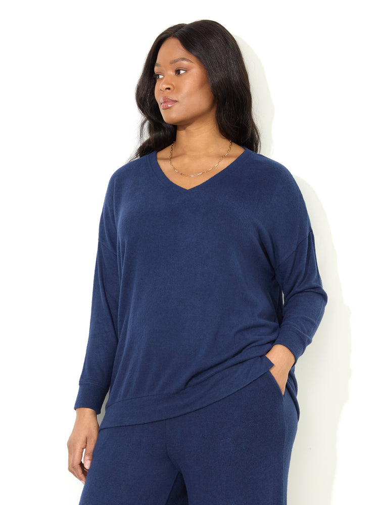 Navy Supersoft V-Neck Relaxed Longline Top