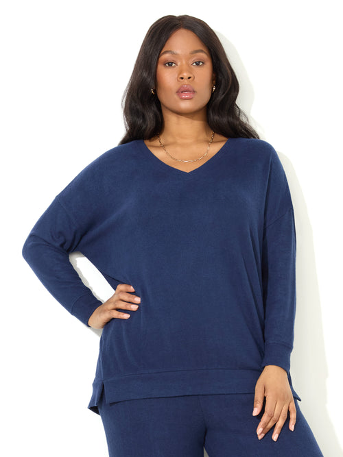 Navy Supersoft V-Neck Relaxed Longline Top