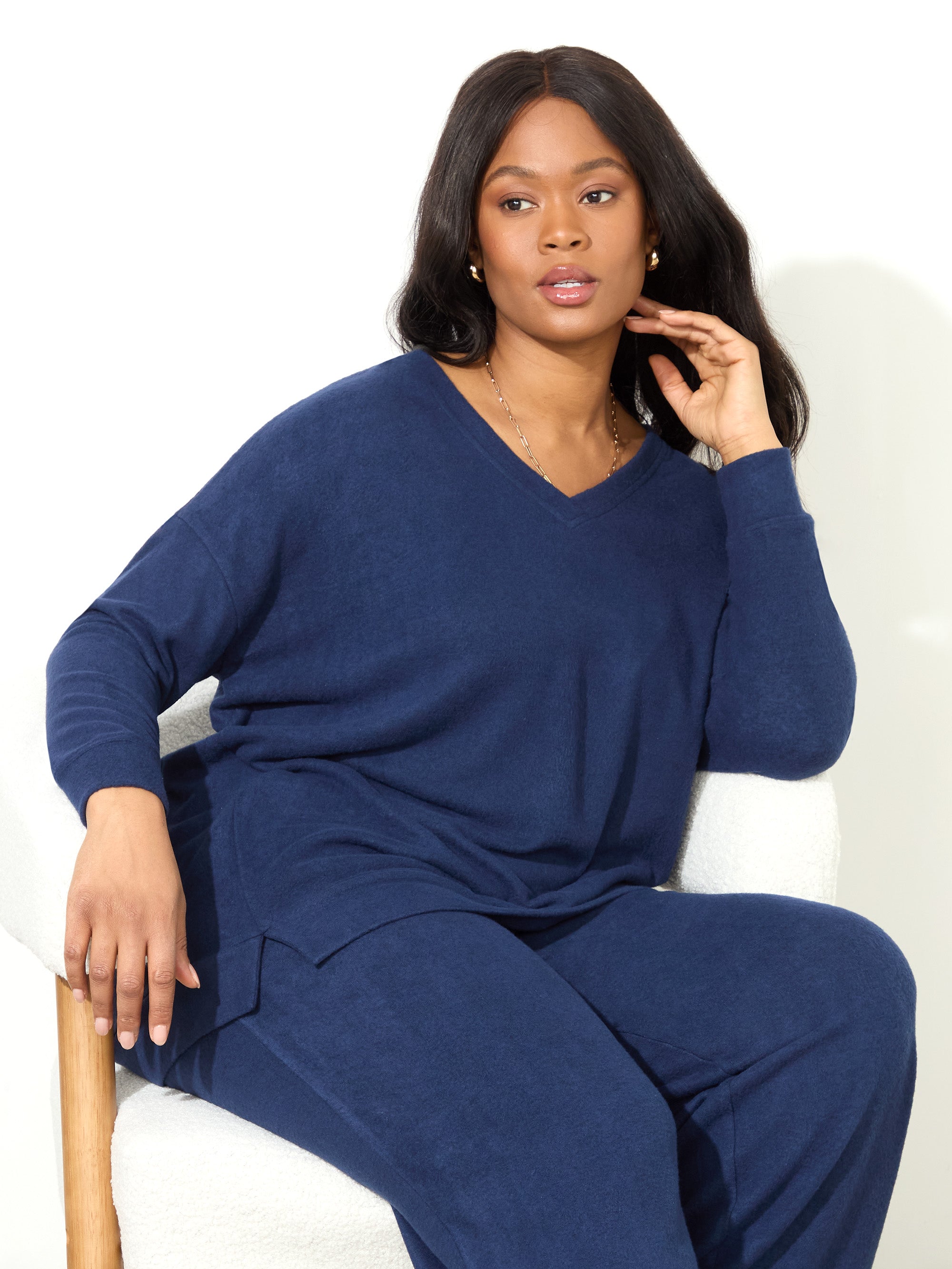 Navy Supersoft V-Neck Relaxed Longline Top