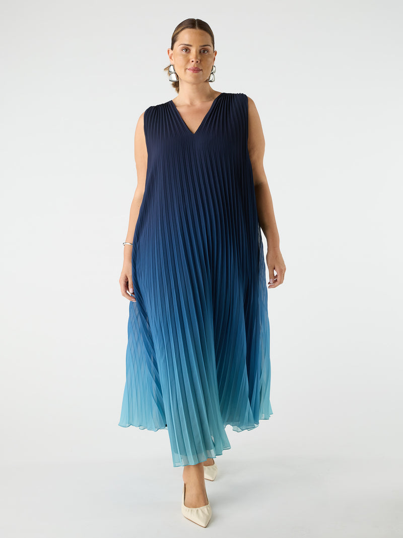 Ombre Pleated V Neck Dress