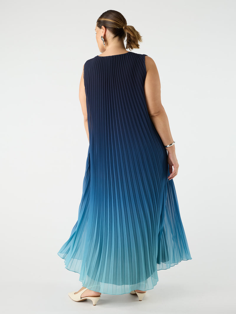 Ombre Pleated V Neck Dress