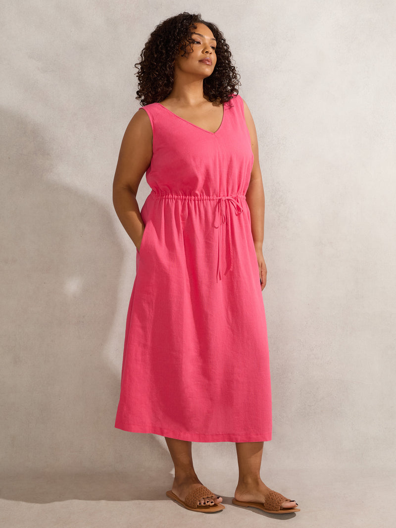 Pink Linen Blend Drawstring Dress