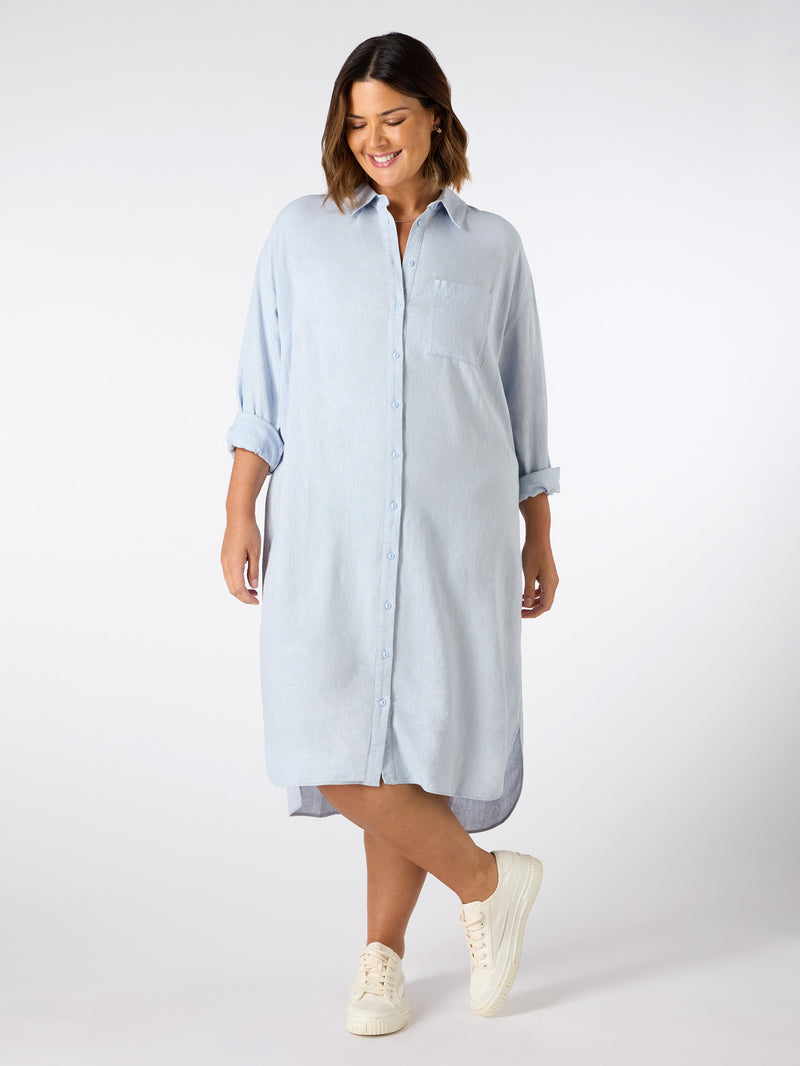 Pale Blue Linen Blend Shirt Dress