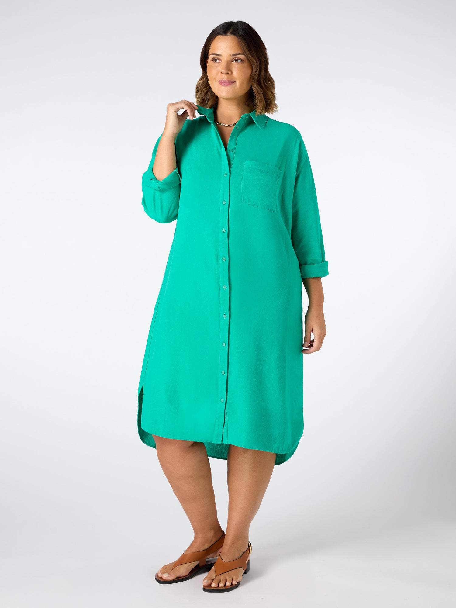 Green Linen Blend Shirt Dress
