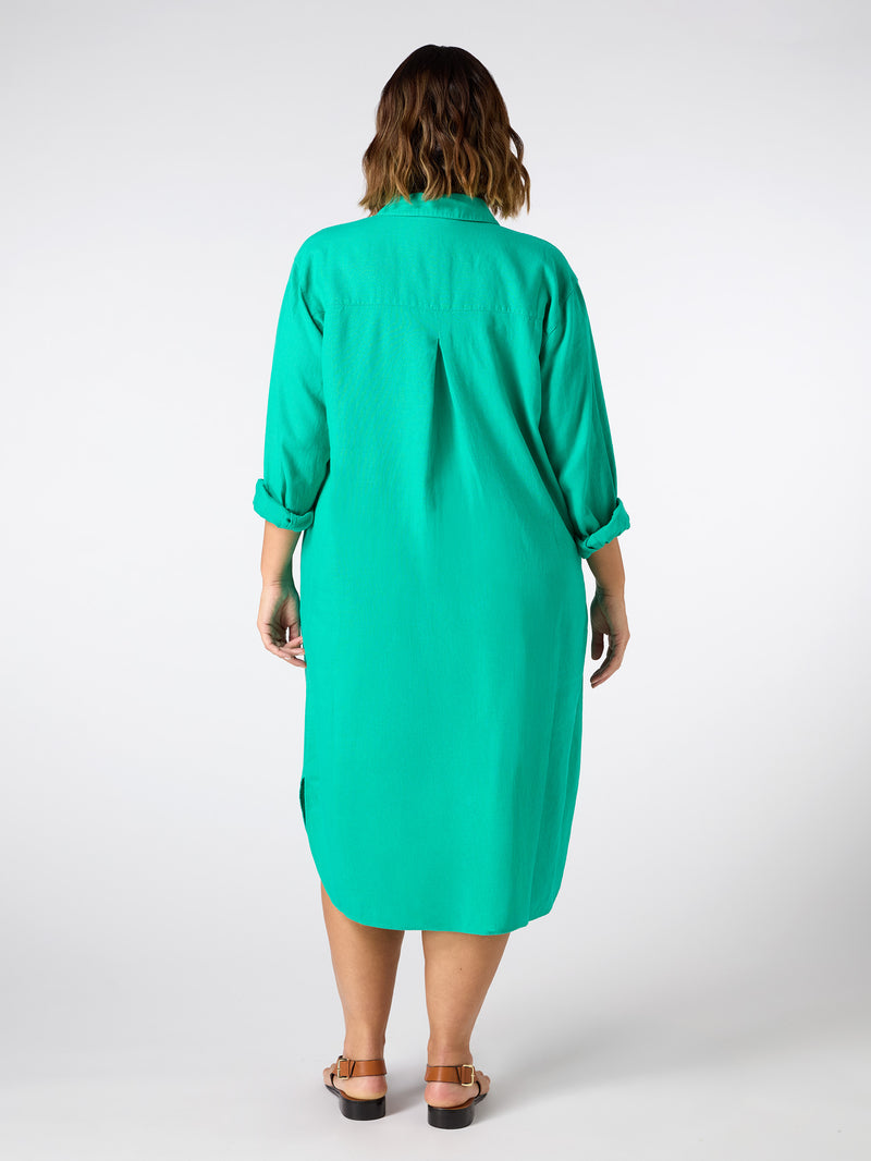 Green Linen Blend Shirt Dress