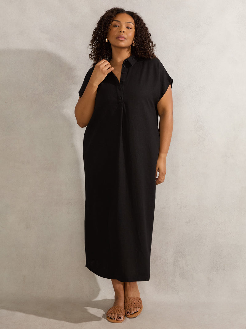 Black Linen Blend Chuck On Shirt Dress