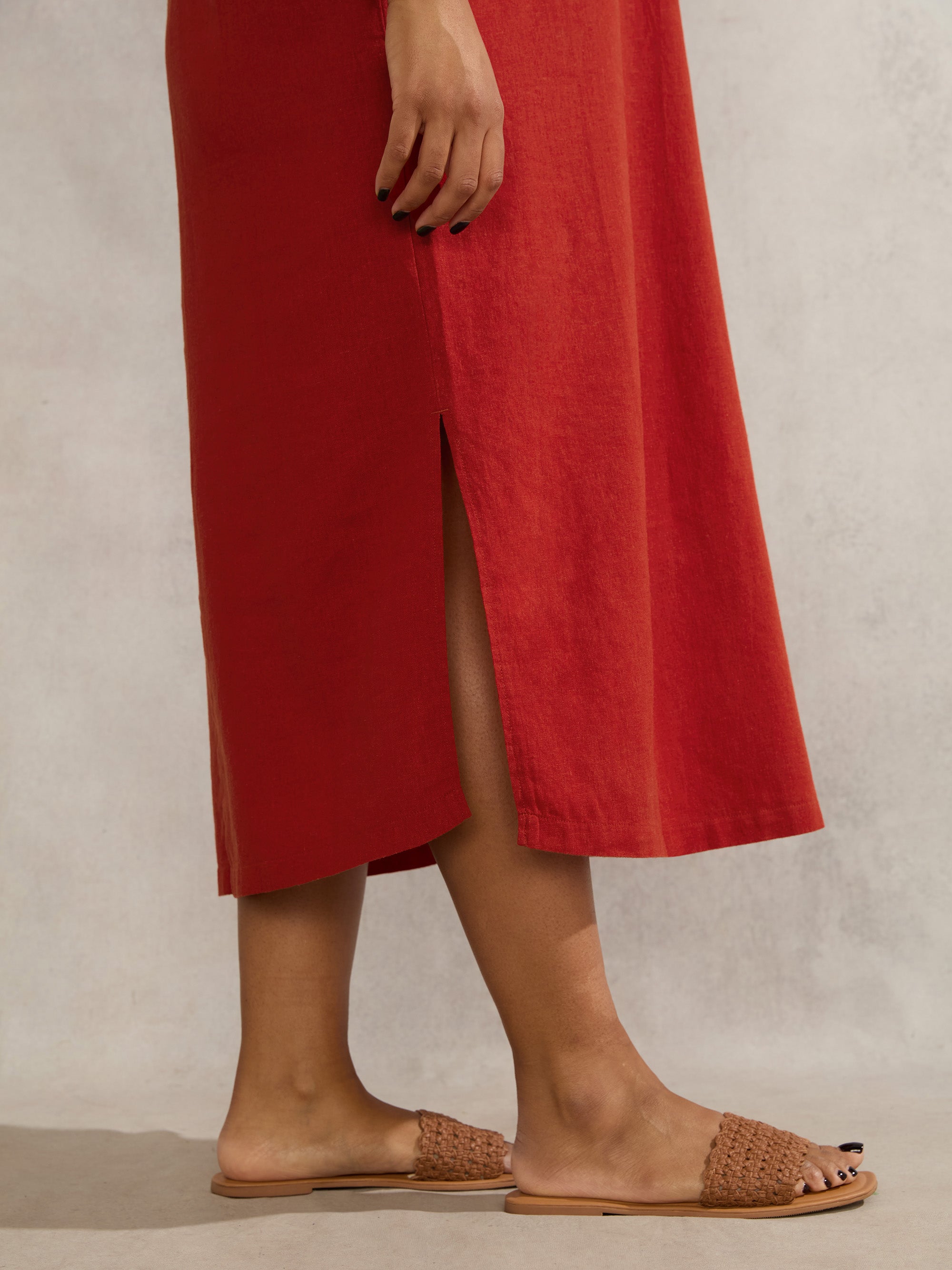 Red Linen Blend Chuck On Shirt Dress - Main Image