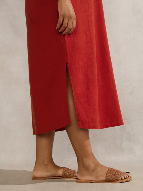 Red Linen Blend Chuck On Shirt Dress