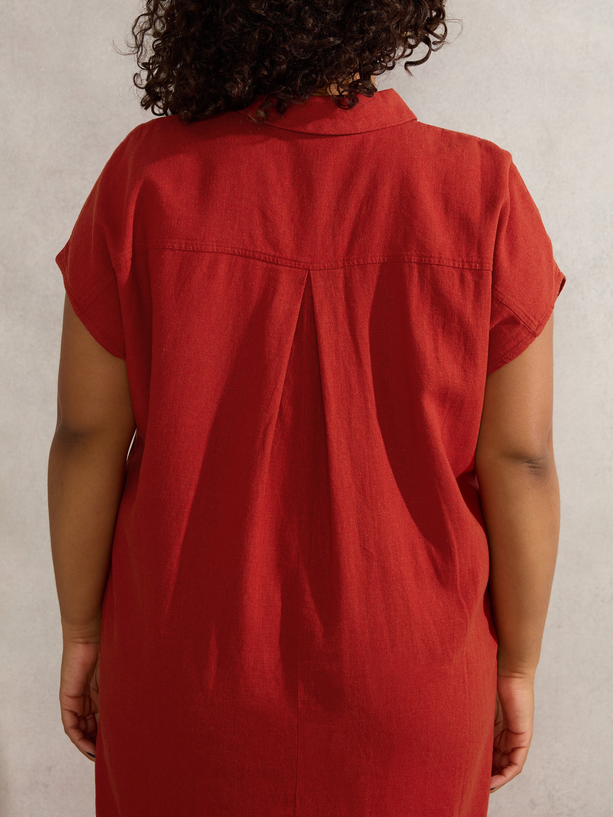 Red Linen Blend Chuck On Shirt Dress