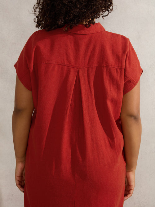 Red Linen Blend Chuck On Shirt Dress