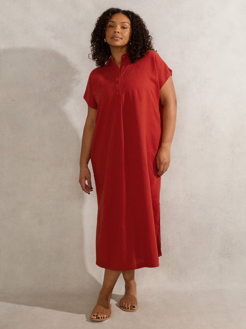 Red Linen Blend Chuck On Shirt Dress