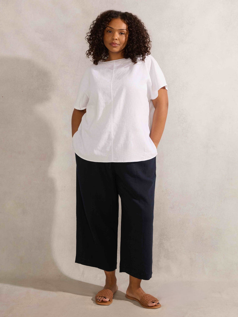 Navy Linen Blend Wide Leg Cropped Trousers