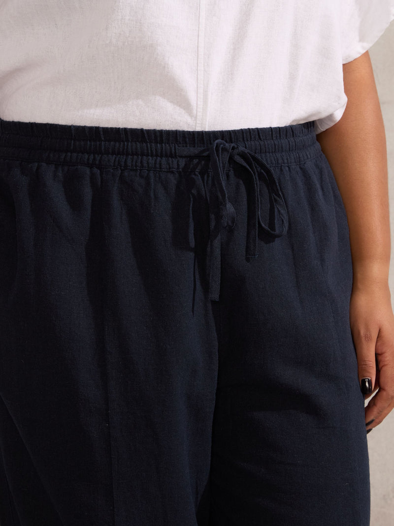 Navy Linen Blend Wide Leg Cropped Trousers