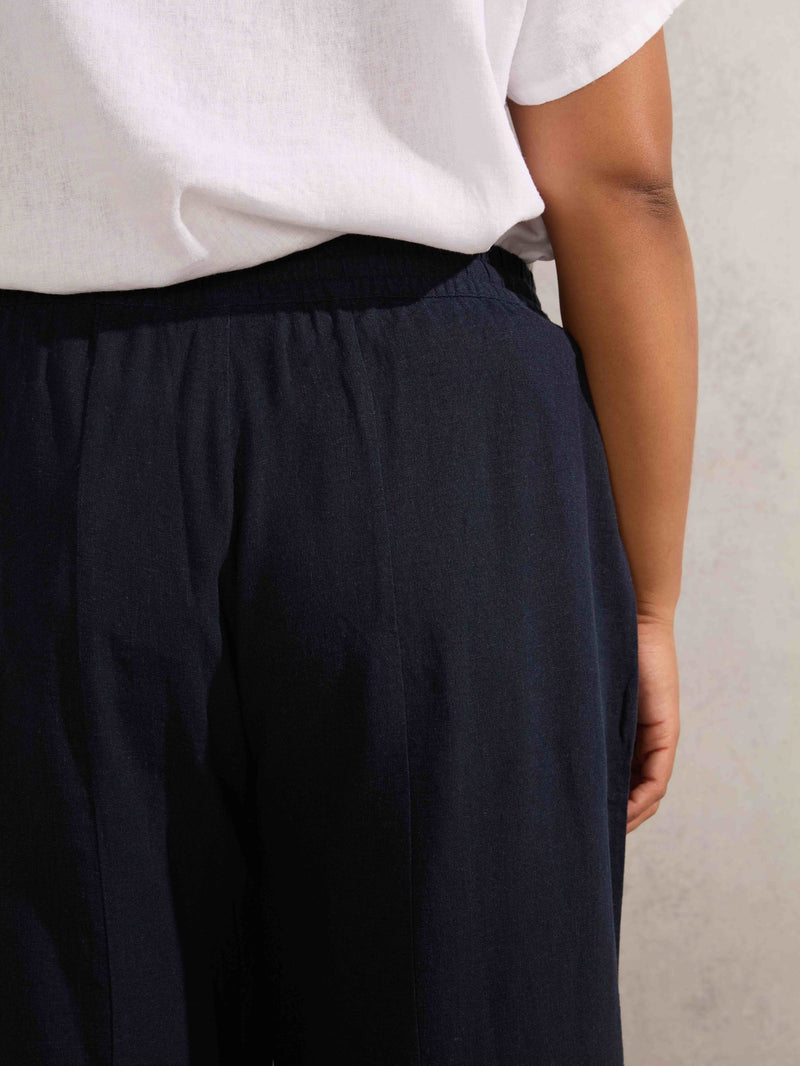 Navy Linen Blend Wide Leg Cropped Trousers