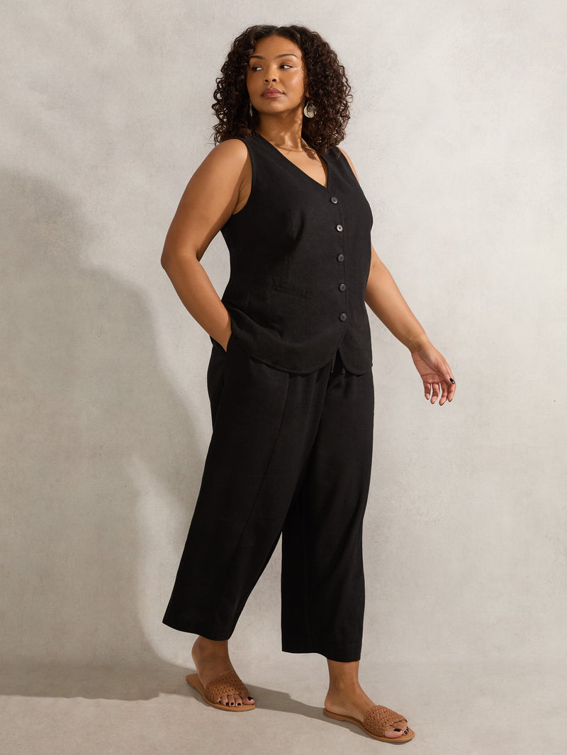 Black Linen Blend Wide Leg Cropped Trousers