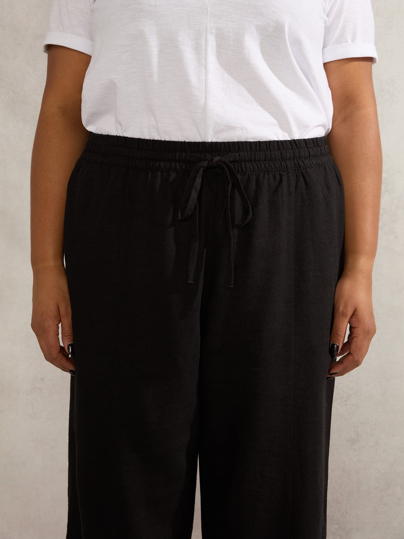 Black Linen Blend Wide Leg Cropped Trousers