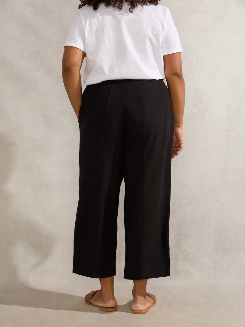 Black Linen Blend Wide Leg Cropped Trousers