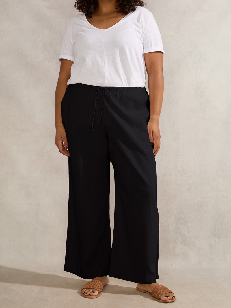 Black Linen Blend Drawstring Trouser