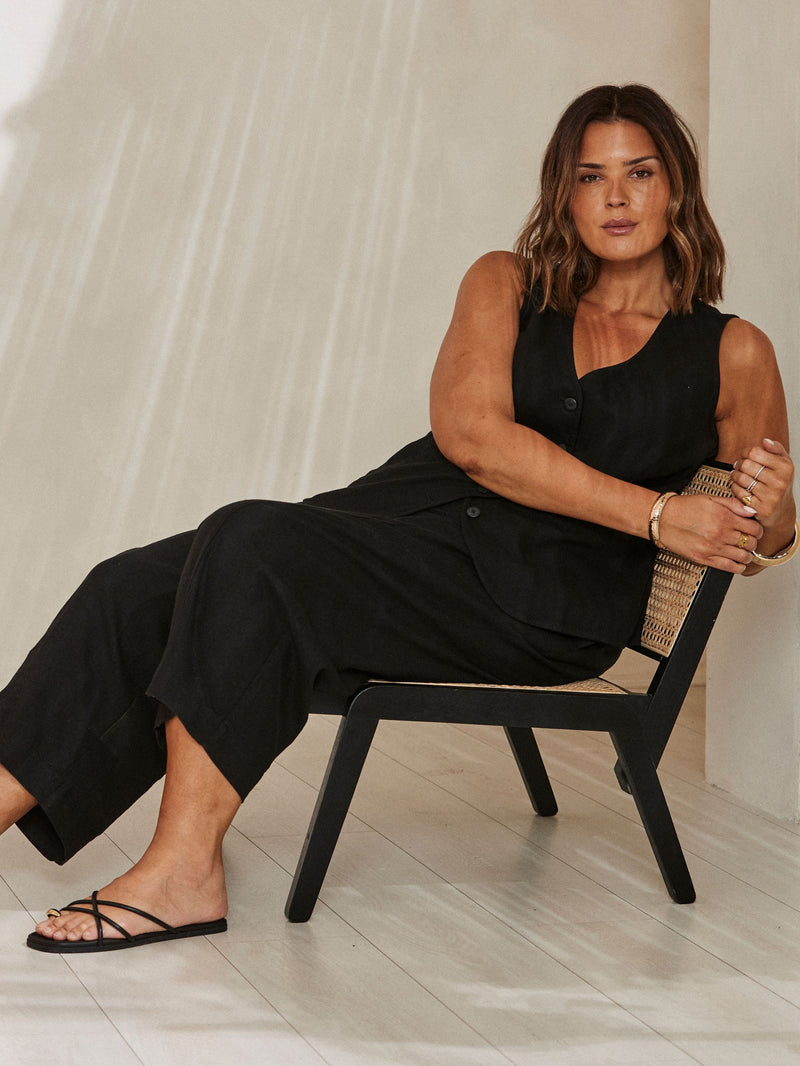 Black Linen Blend Drawstring Trouser