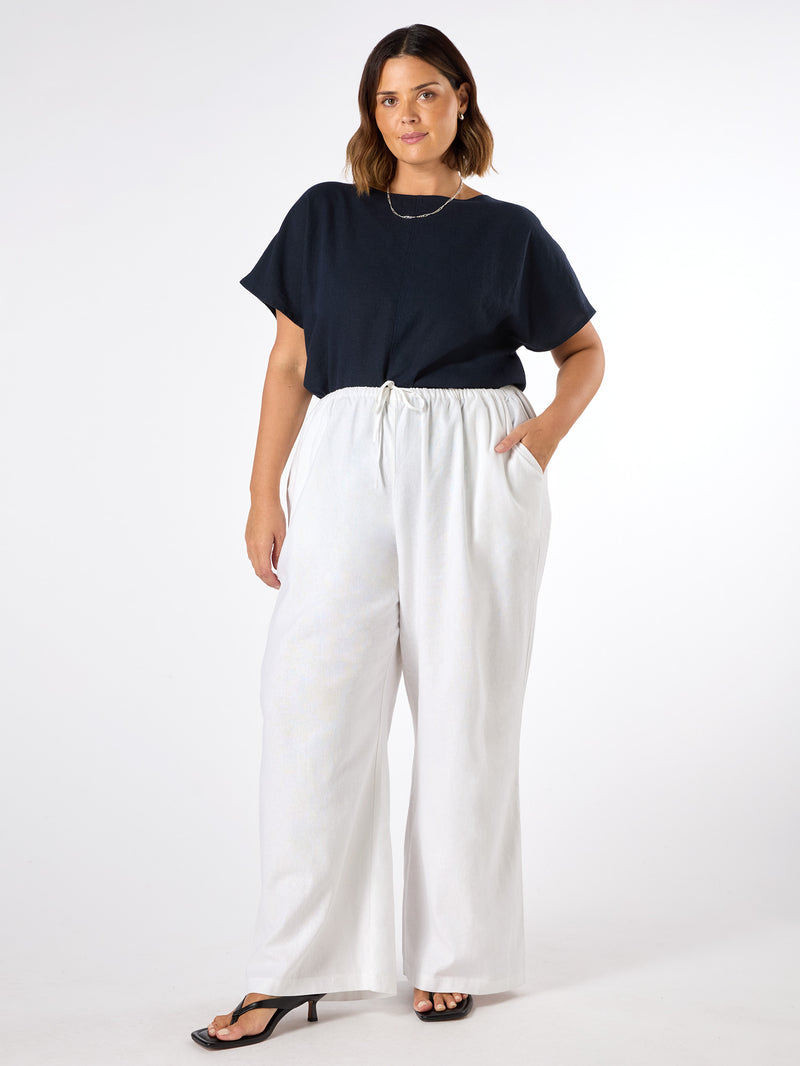 White Linen Blend Drawstring Trouser