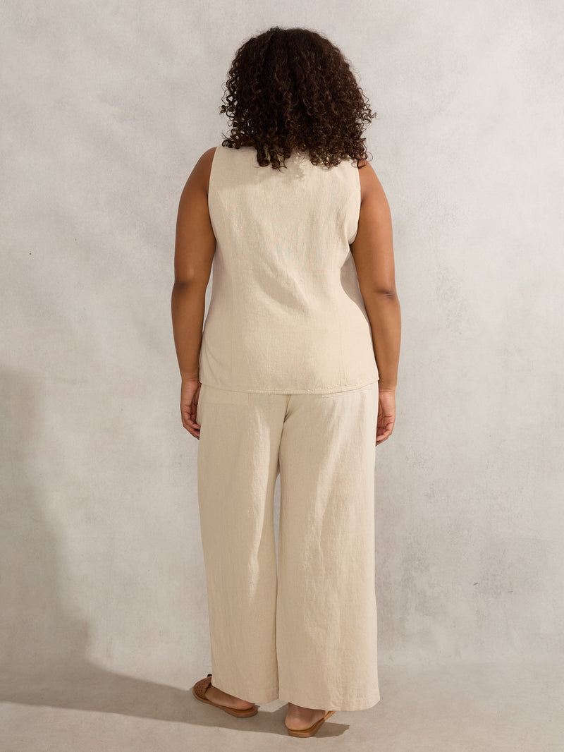 Petite Natural Linen Blend Full Length Drawstring Trouser