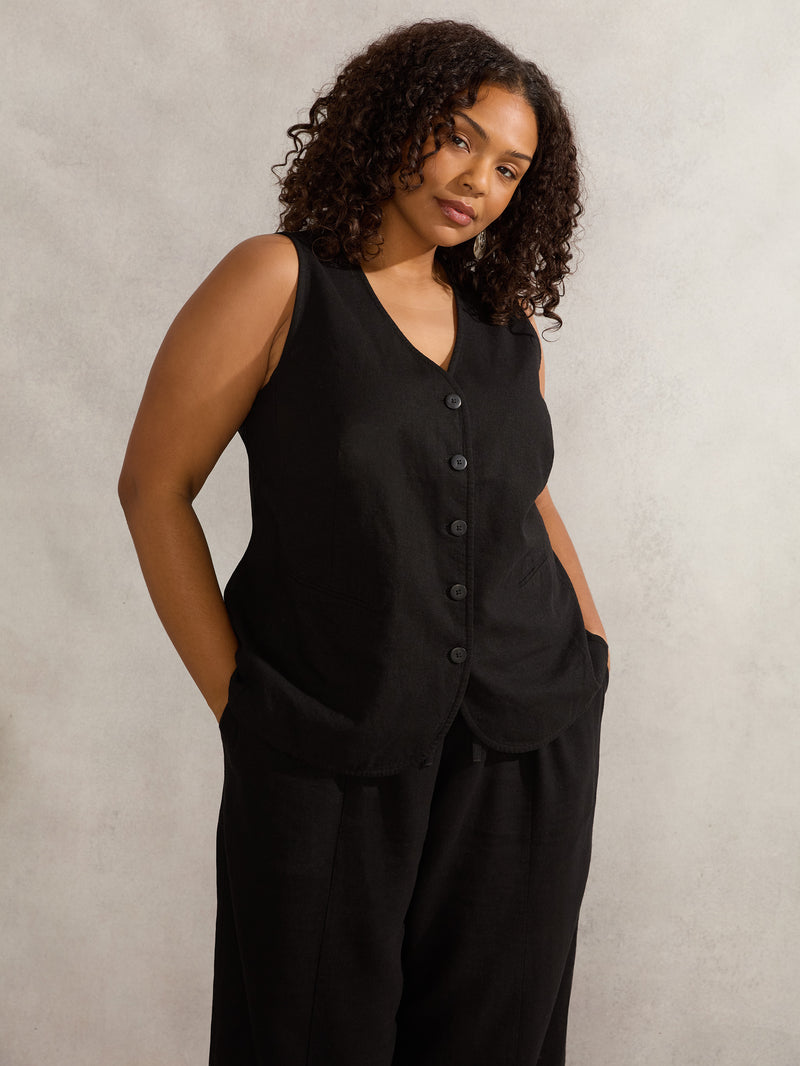 Black Linen Blend Waistcoat