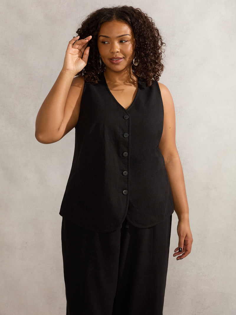 Black Linen Blend Waistcoat