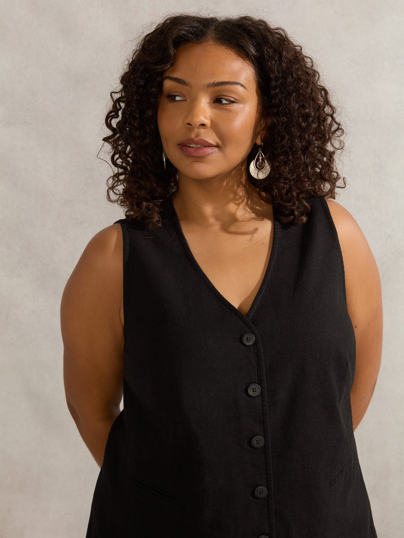 Black Linen Blend Waistcoat
