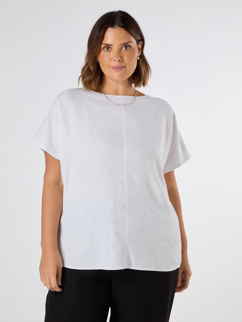 White Linen Blend Seamed Detail Top