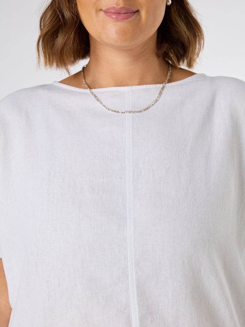 White Linen Blend Seamed Detail Top