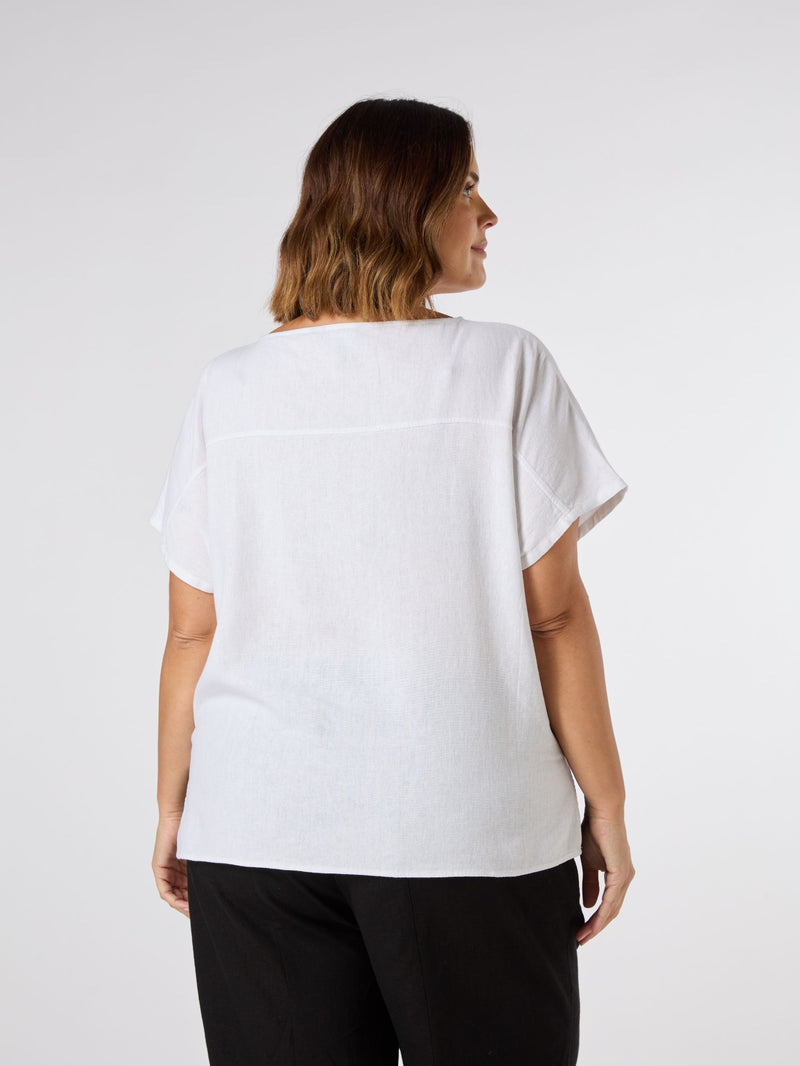 White Linen Blend Seamed Detail Top