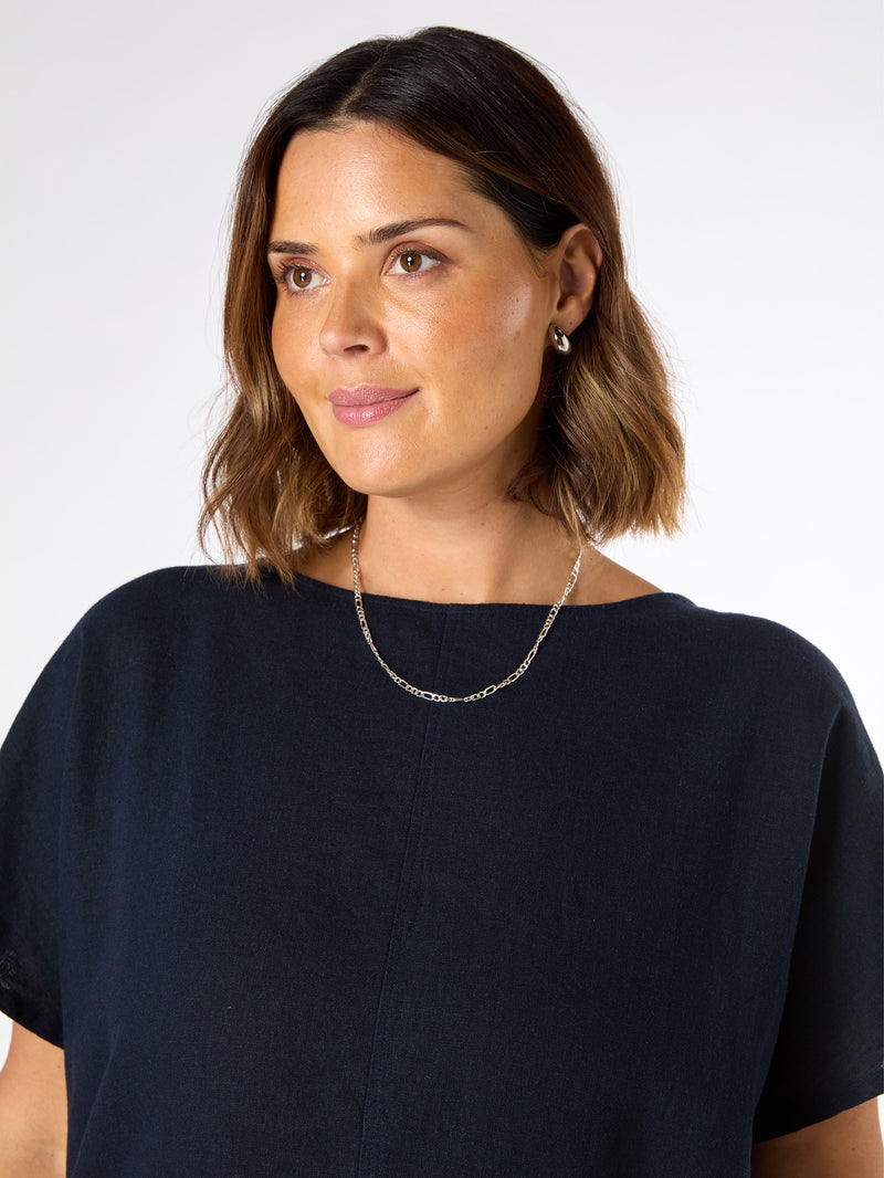 Navy Linen Blend Seamed Detail Top