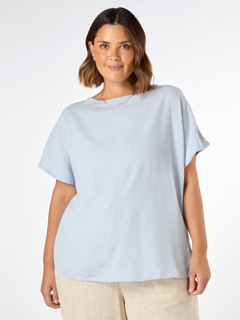 Pale Blue Linen Blend Seamed Detail Top