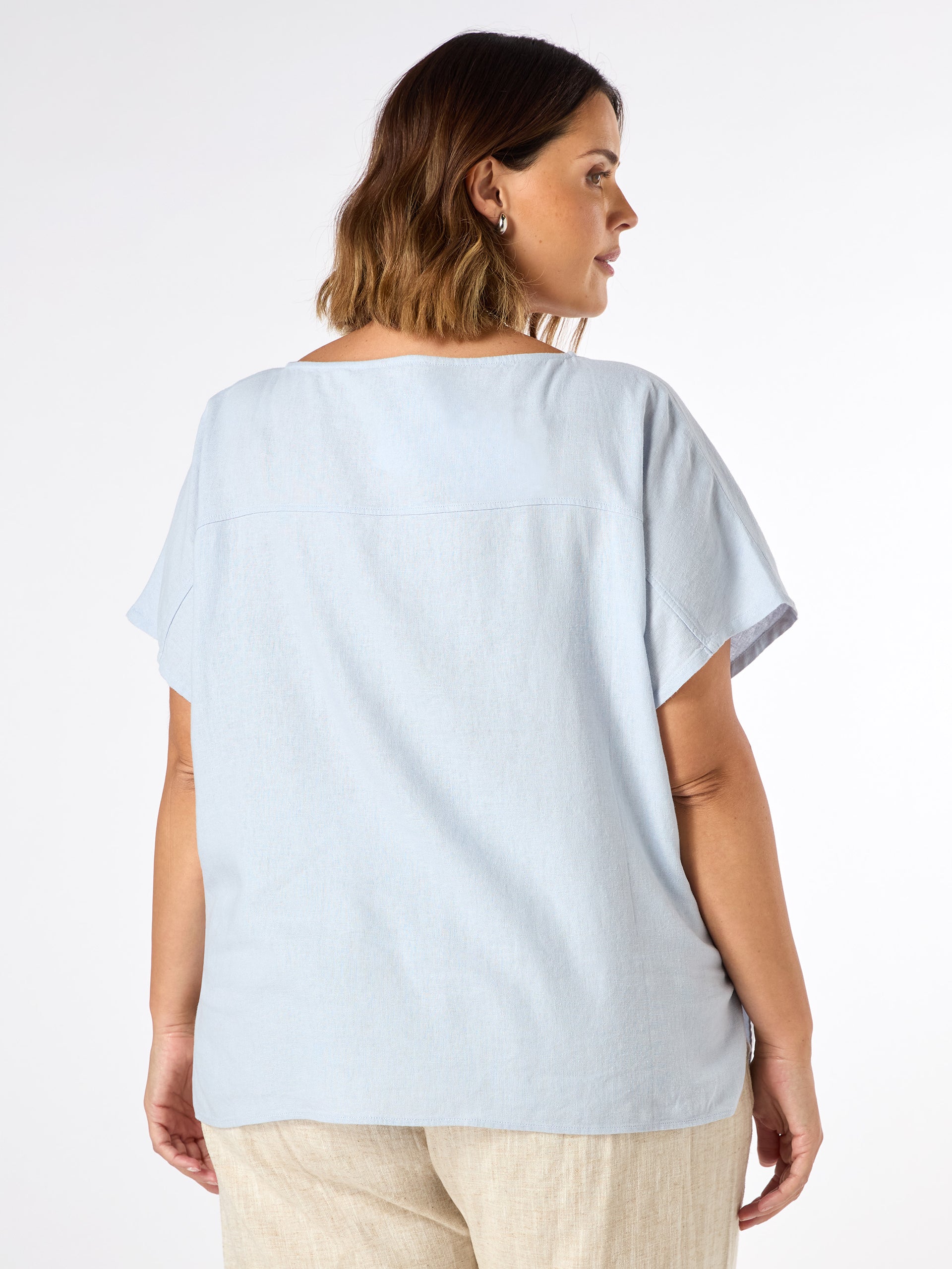 Pale Blue Linen Blend Seamed Detail Top