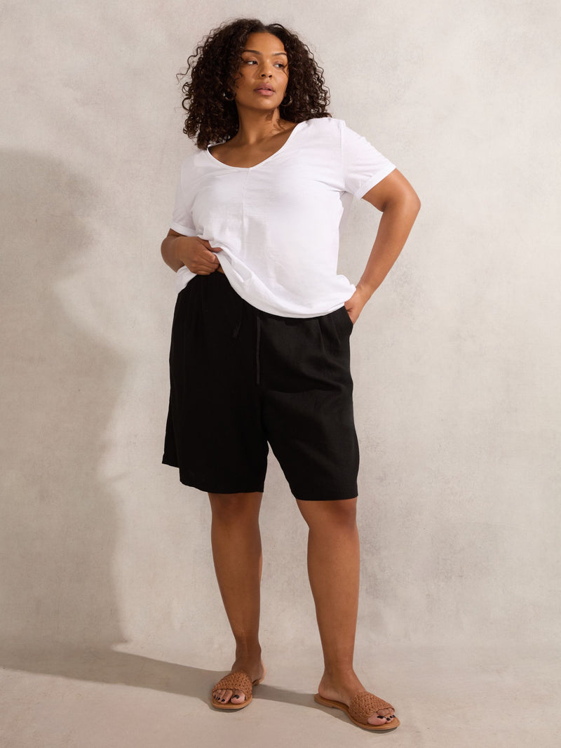 Black Linen Blend Drawstring Bermuda Shorts