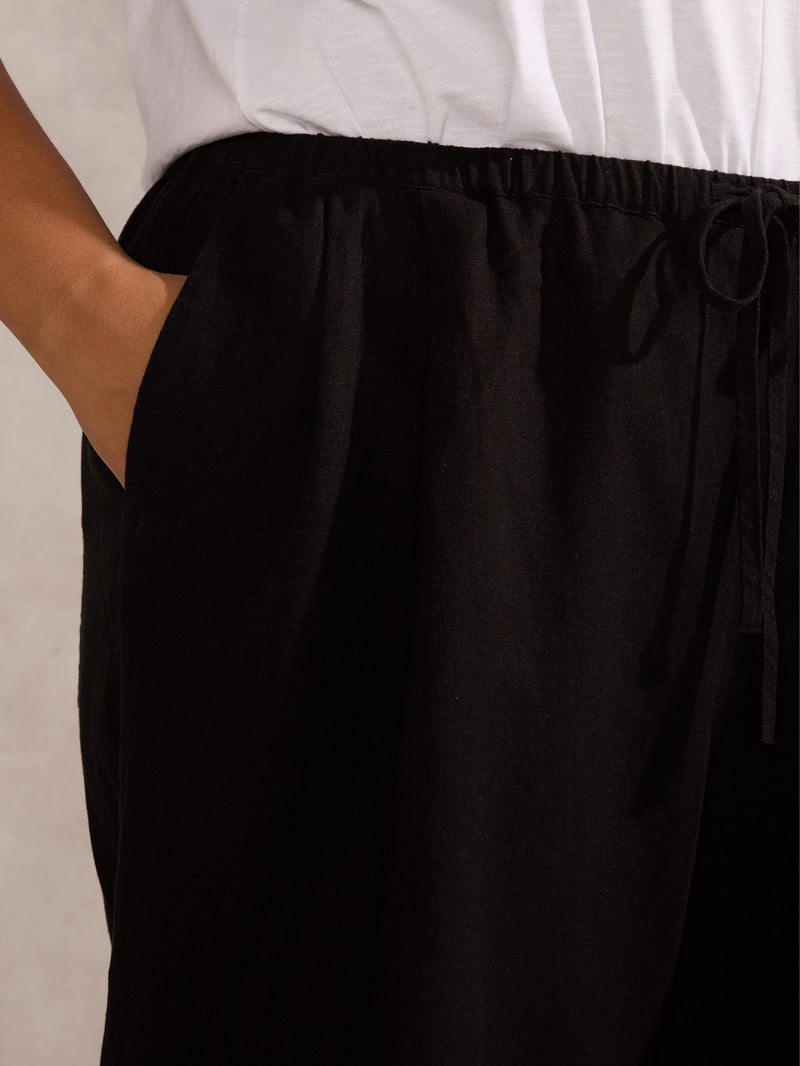 Black Linen Blend Drawstring Bermuda Shorts